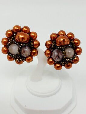 Vintage Japan Copper Tone Beaded Swirl Glass Clip On Earrings